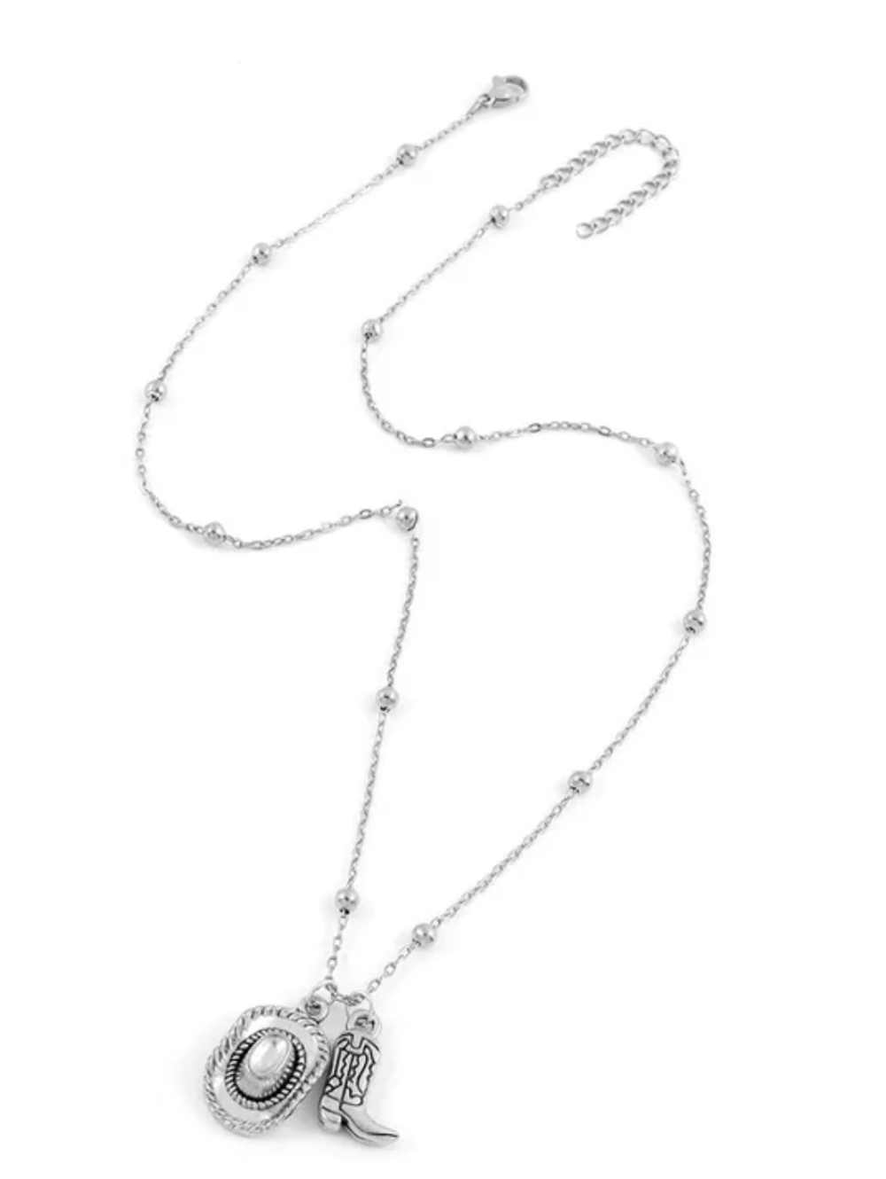Silver Cowboy Hat & Boot Charm Necklace 18.5" Ball Bead Chain NEW